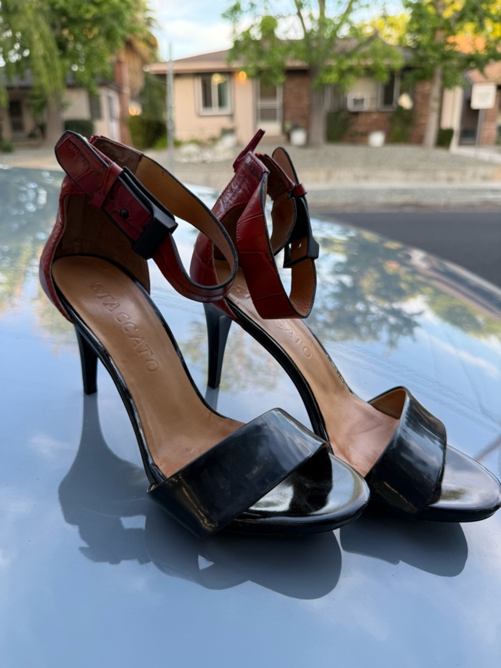 Staccato Black Patent & Red Leather High Heel Sandals